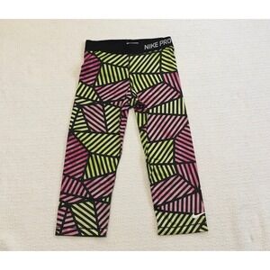 Nike Pro‎ Women's Athletic Leggings Capris Geometric Print Black Pink Green Med